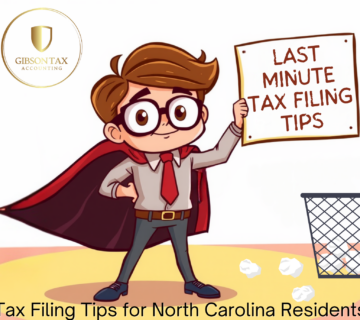 A cartoon with vibrant lettering that reads "Last Minute Tax Filing Tips." It has fun graphics to go along with it. This picture aims to offer useful advice to people in North Carolina as they prepare their taxes during tax season.