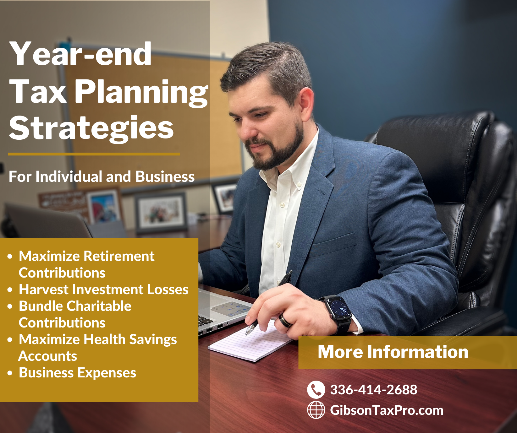 Blog infographic of Daniel Gibson of Gibson Tax LLC. discussing your year-end tax planning strategies in Asheboro, NC.