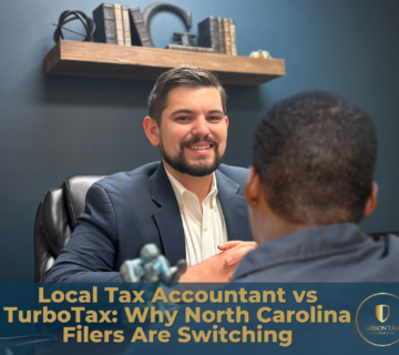 North Carolina tax accountant consulting with client on tax preparation vs TurboTax DIY software