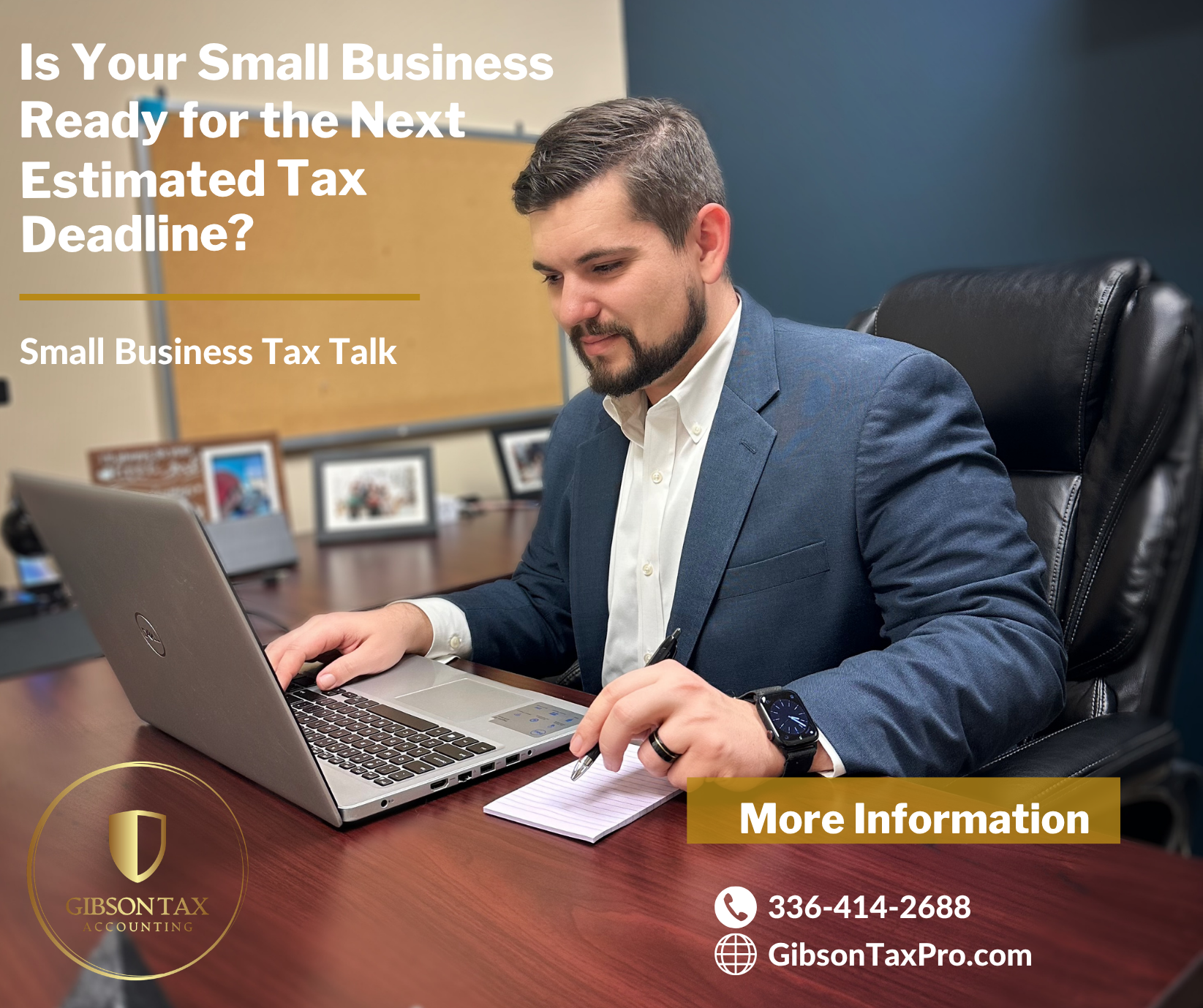Image of owner, Dakota Gibson of Gibson Tax, reviewing small business estimated tax deadlines in Asheboro, NC.